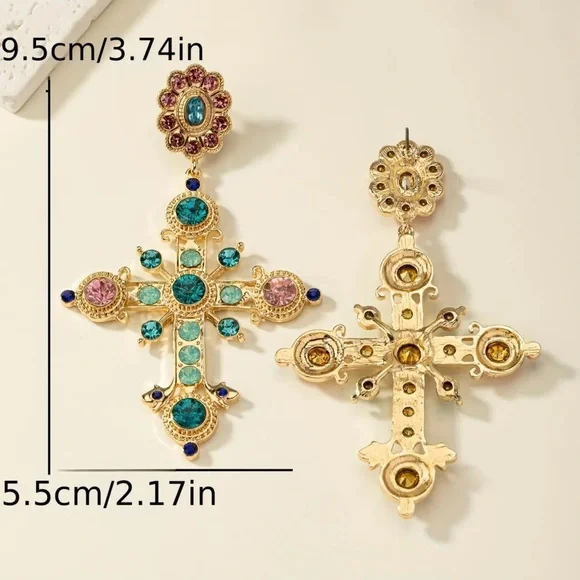 Elegant Gold and Teal Cross Earrings - Picture 4 of 7